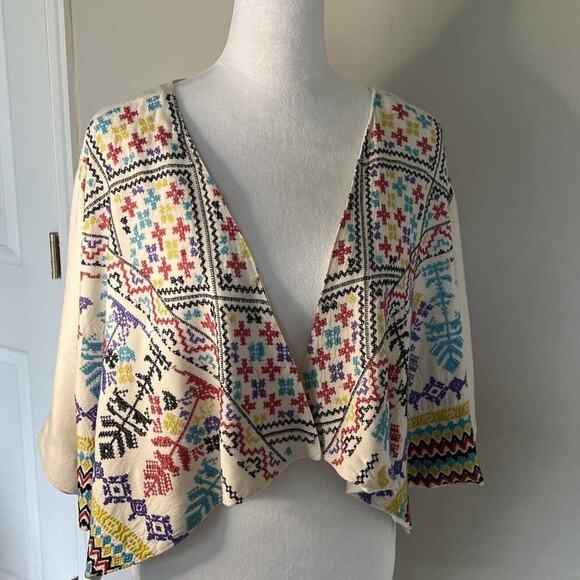 Ecote UO Embroidered Open Front Crop Jacket Colorful Boho Festival Cover Up - Picture 12 of 12